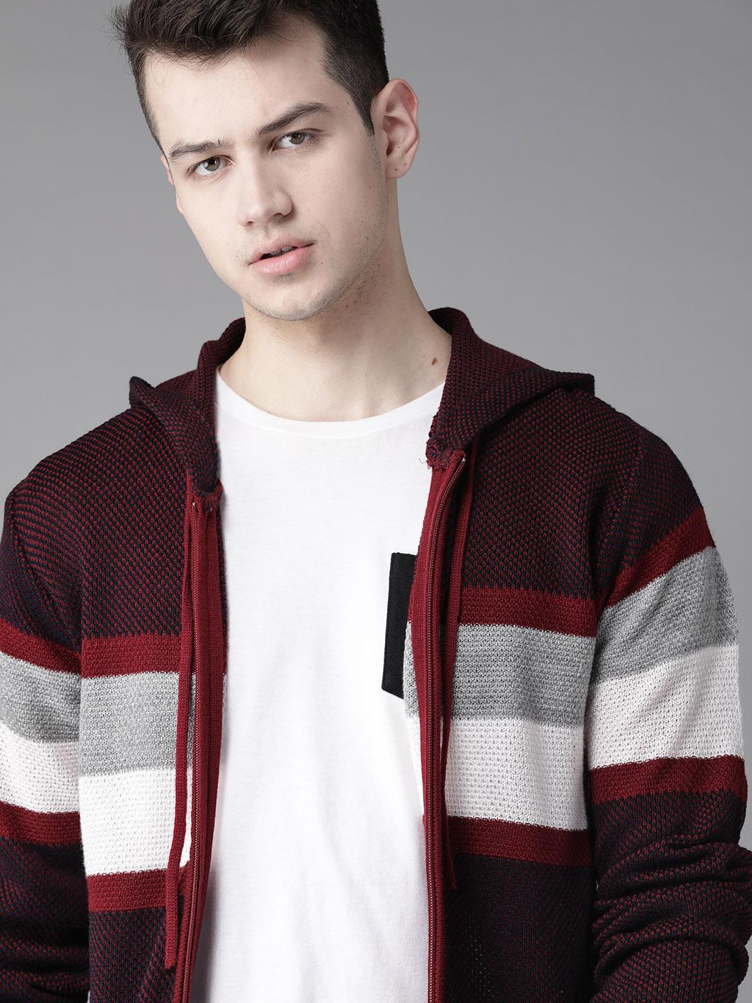 Buy Roadster Men Maroon Grey Striped Hooded Cardigan Sweaters