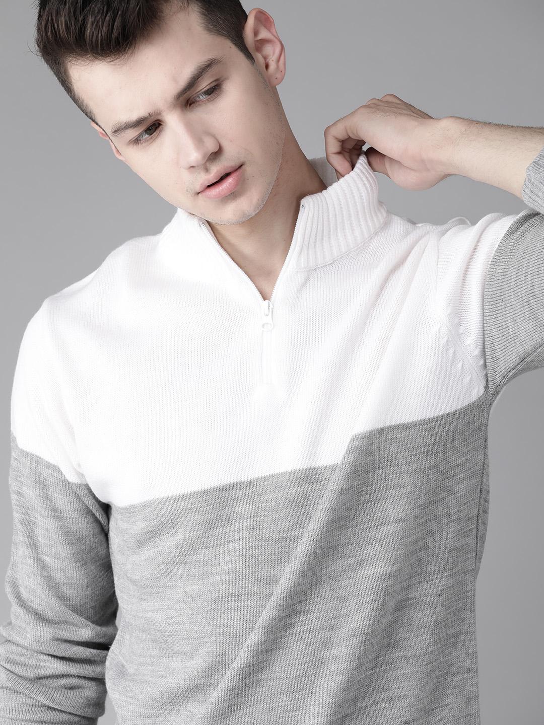 Buy Roadster Men Grey Melange & White Colourblocked Pullover
