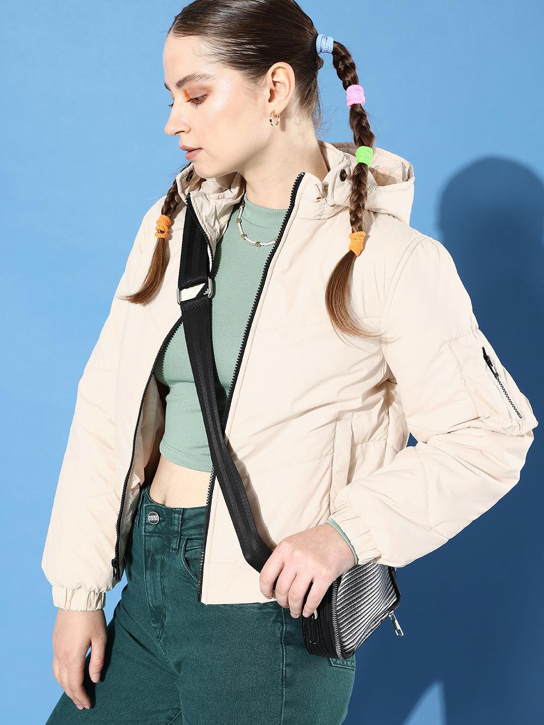 Buy Roadster Women Cream-Coloured Solid Hooded Padded Jacket - Main Image