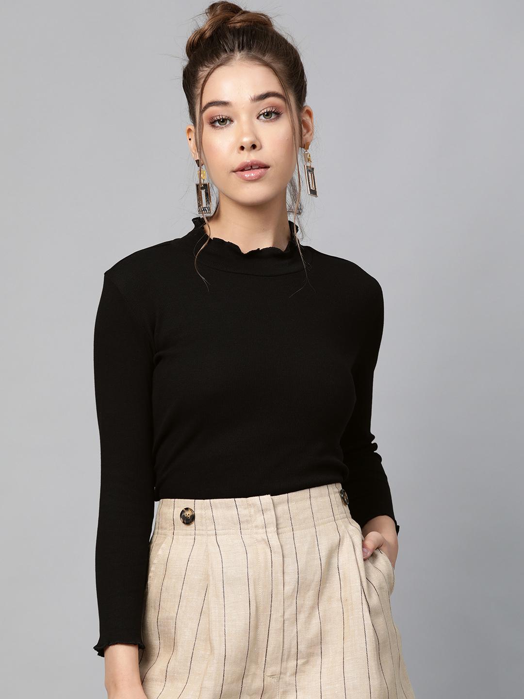 Buy SASSAFRAS Black High Neck Cropped Top Tops for Women