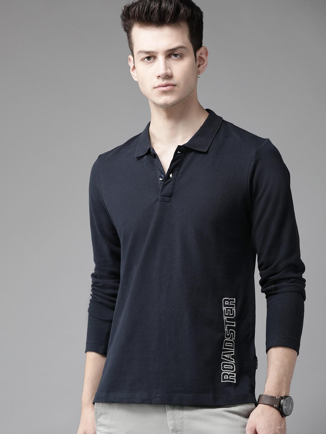 Buy Roadster Men Navy Blue Solid Polo Collar Cotton T-shirt