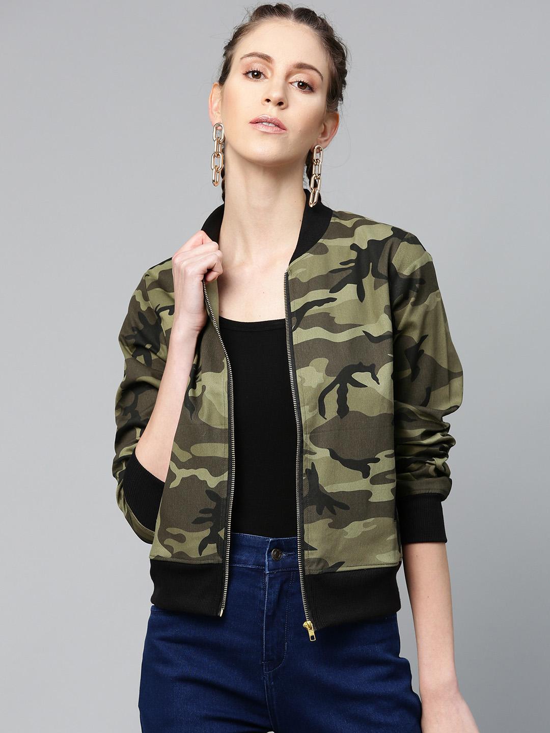 SASSAFRAS Women Olive Green Camouflage Print Bomber Jacket