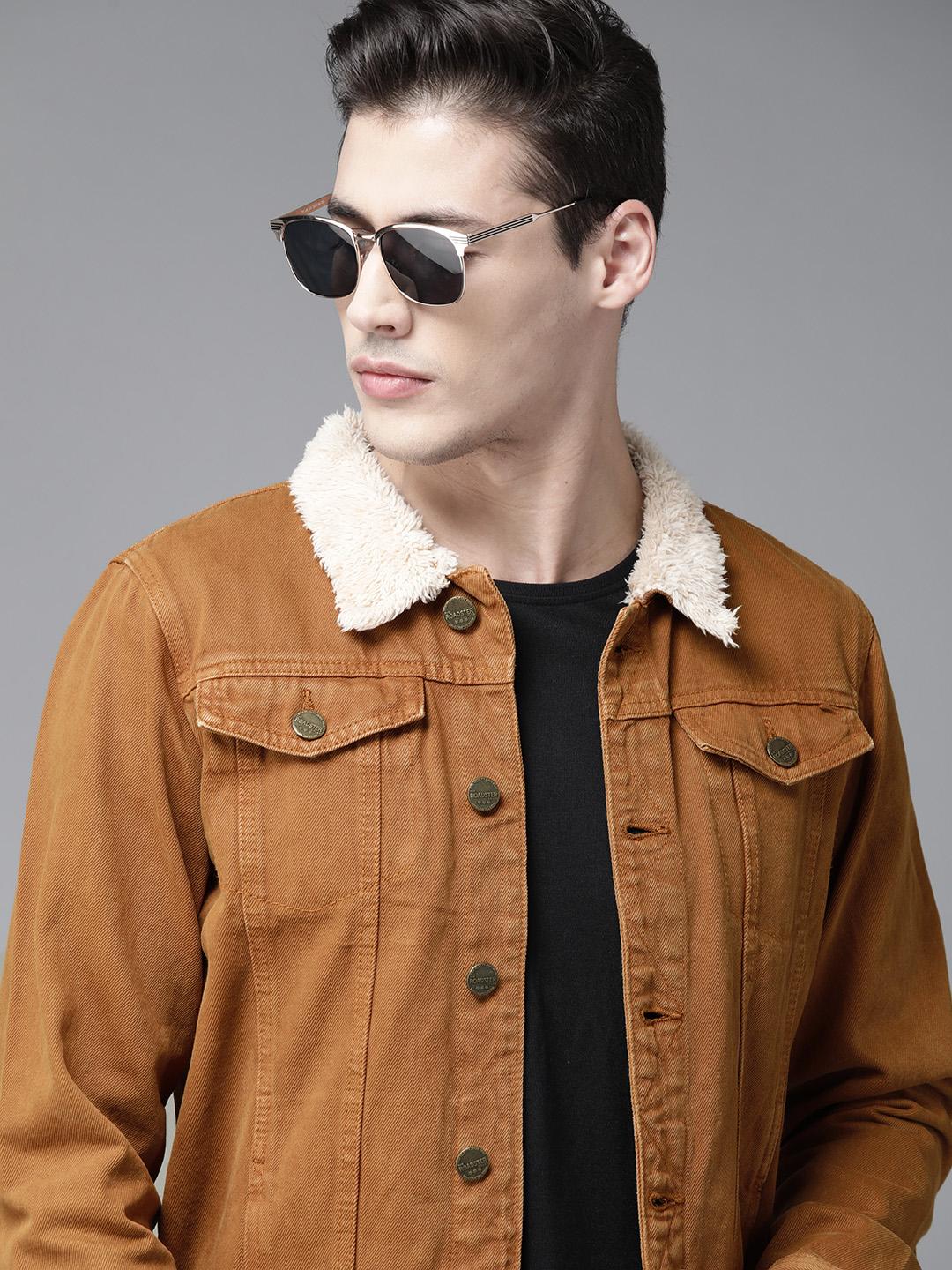 Buy Roadster Men Mustard Brown Solid Denim Jacket Jackets for