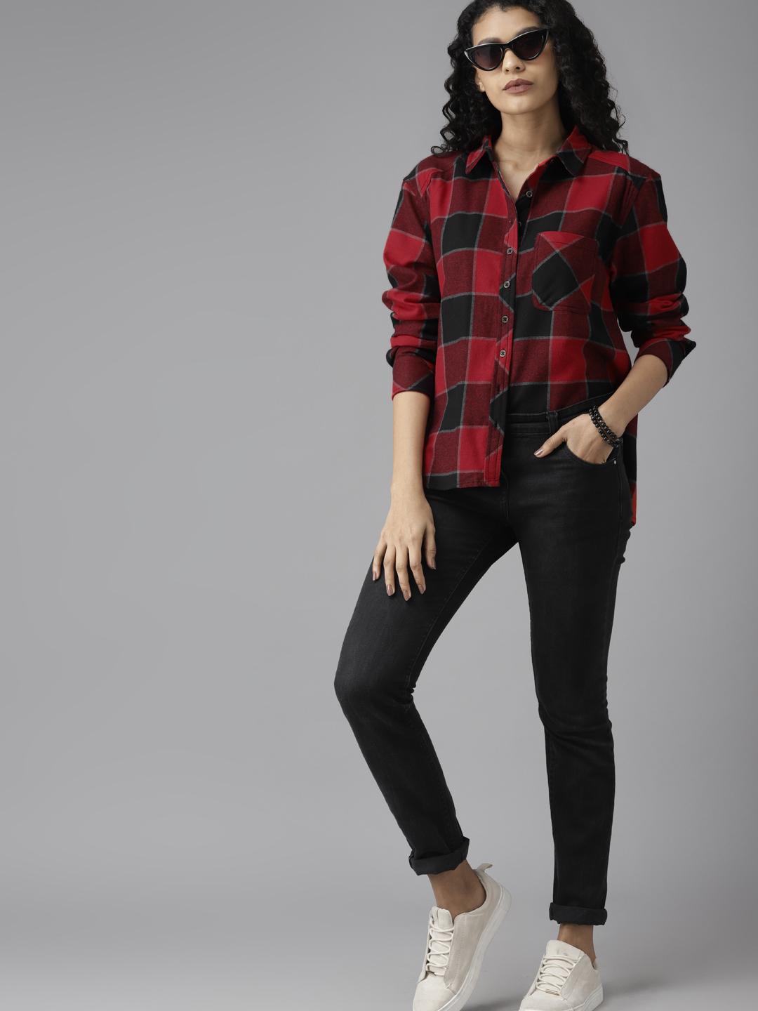Plaid Outfits With Black Jeans And White Shoes Red Shirt Black