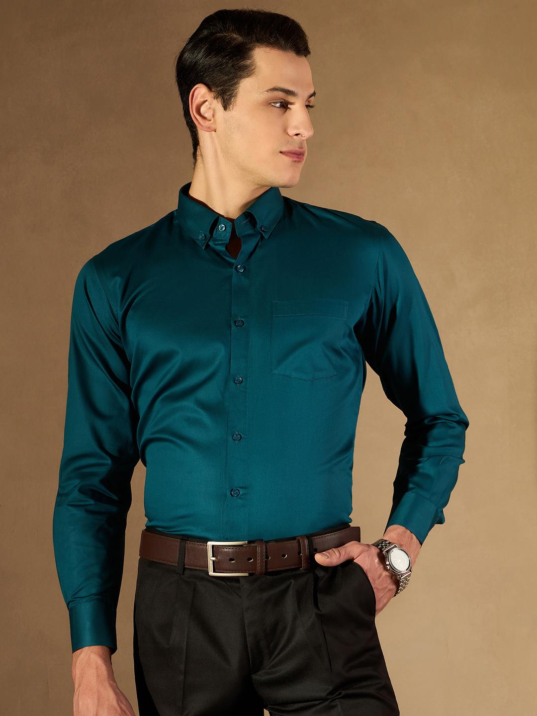 DENNISON Men Teal Green Smart Slim Fit Solid Formal Shirt