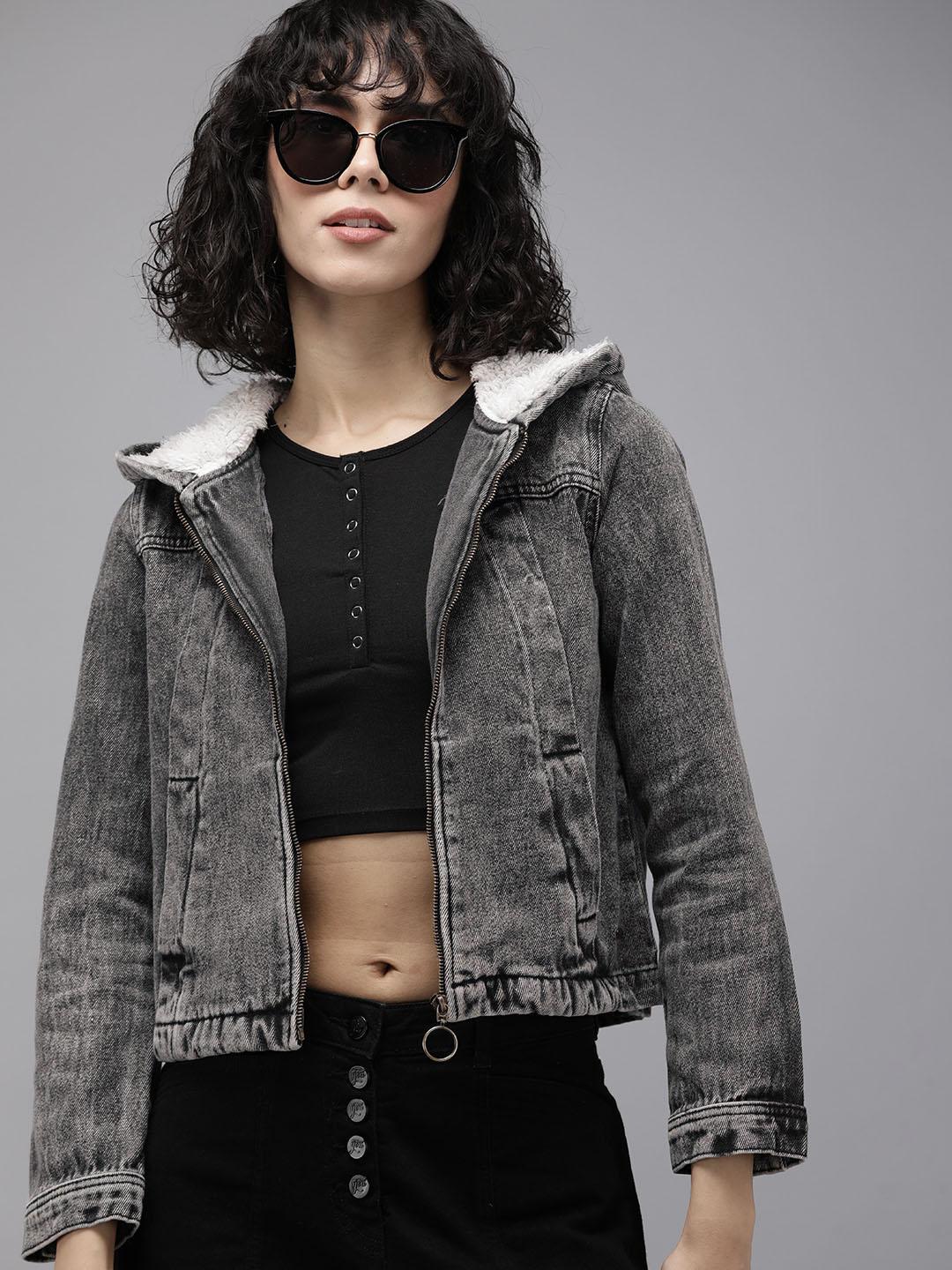 Denim Jacket For Women With Hood Roadster Women Black Solid Hooded