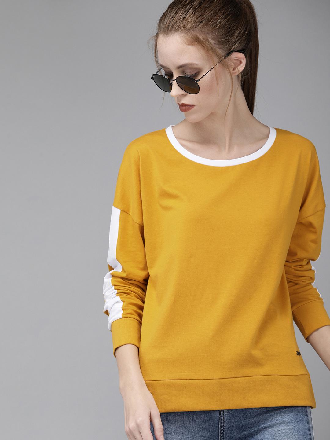 Buy Roadster Women Mustard Yellow Solid Round Neck Pure