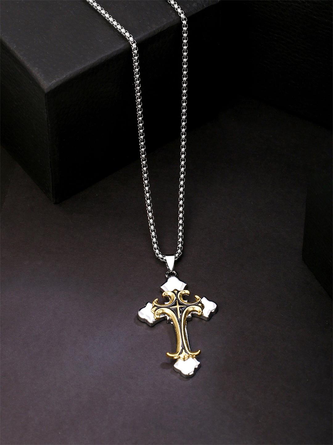 Buy Yellow Chimes Men Silver-Toned Rhodium Plated Cross Mark