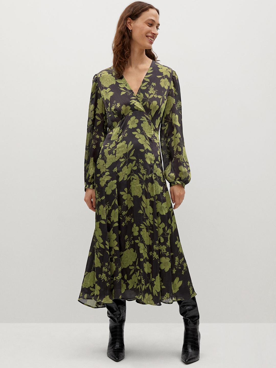 Buy MANGO Women Black & Olive Green Floral Print Wrap Maxi Dress - Dresses  for Women 12922200 | Myntra