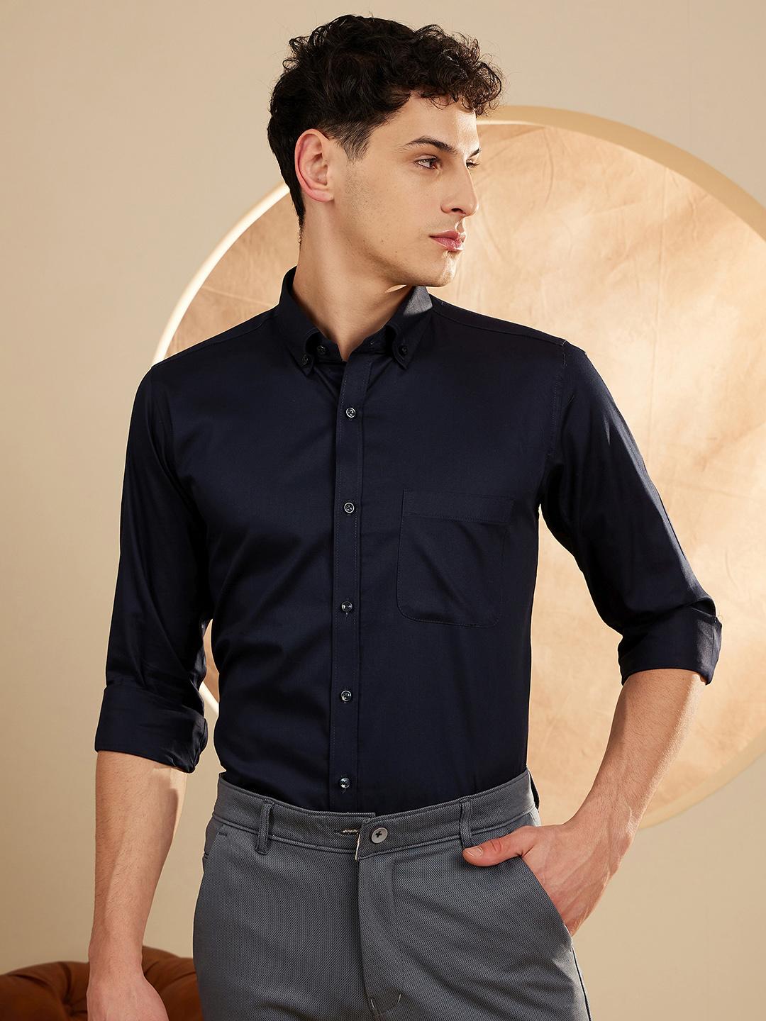 DENNISON Men Navy Blue Smart Slim Fit Water Stain Repellent Solid Casual  Shirt