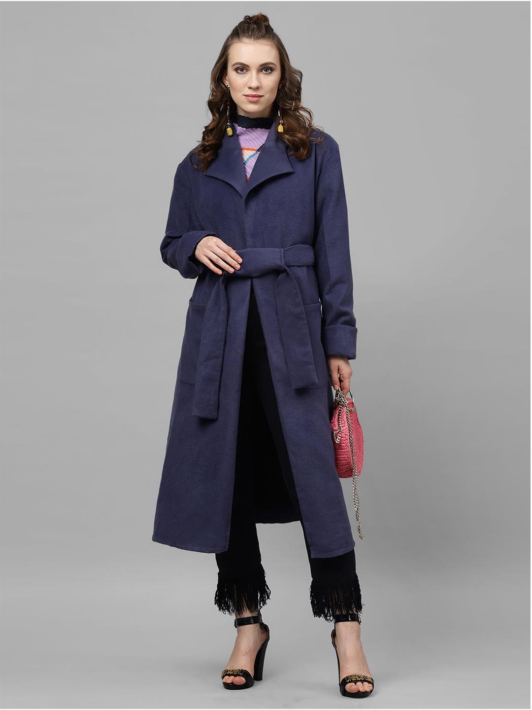 Buy Athena Women Blue Solid Woolen Long-Line Overcoat Coats for
