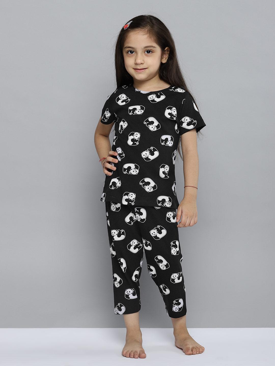 Buy YK Girls Black White Pure Cotton Panda Print Night suit