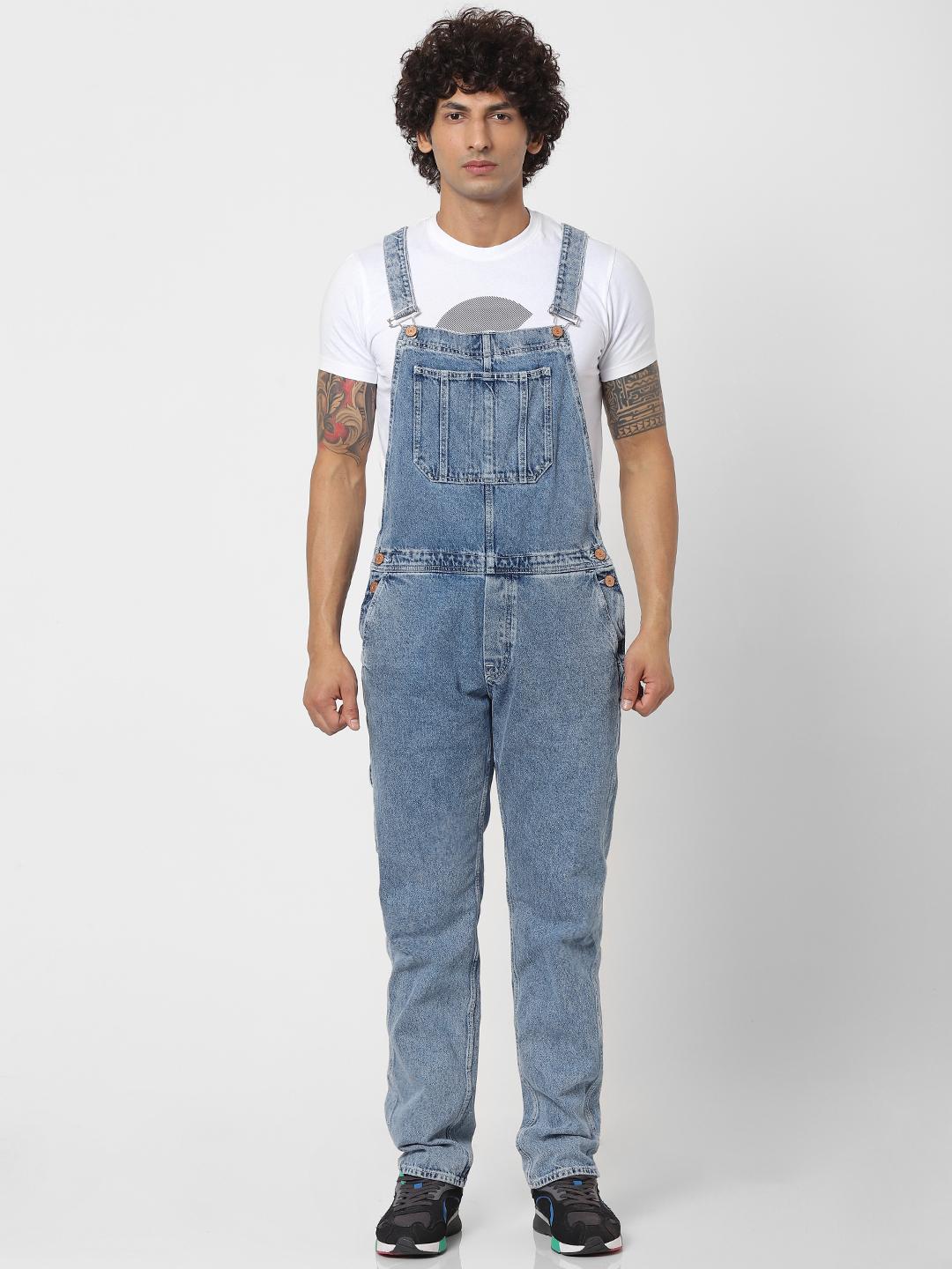 Buy Jack & Jones Men Blue Mike Comfort Fit Washed Denim Dungaree