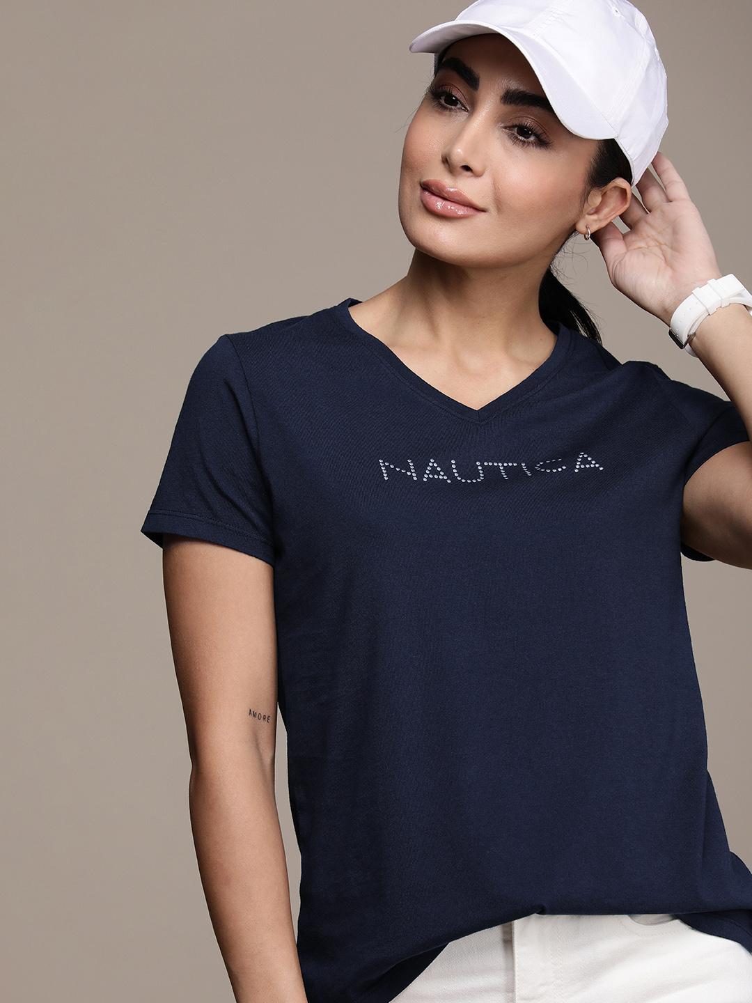 Buy Nautica Women Navy Blue White Pure Cotton Printed V-Neck T