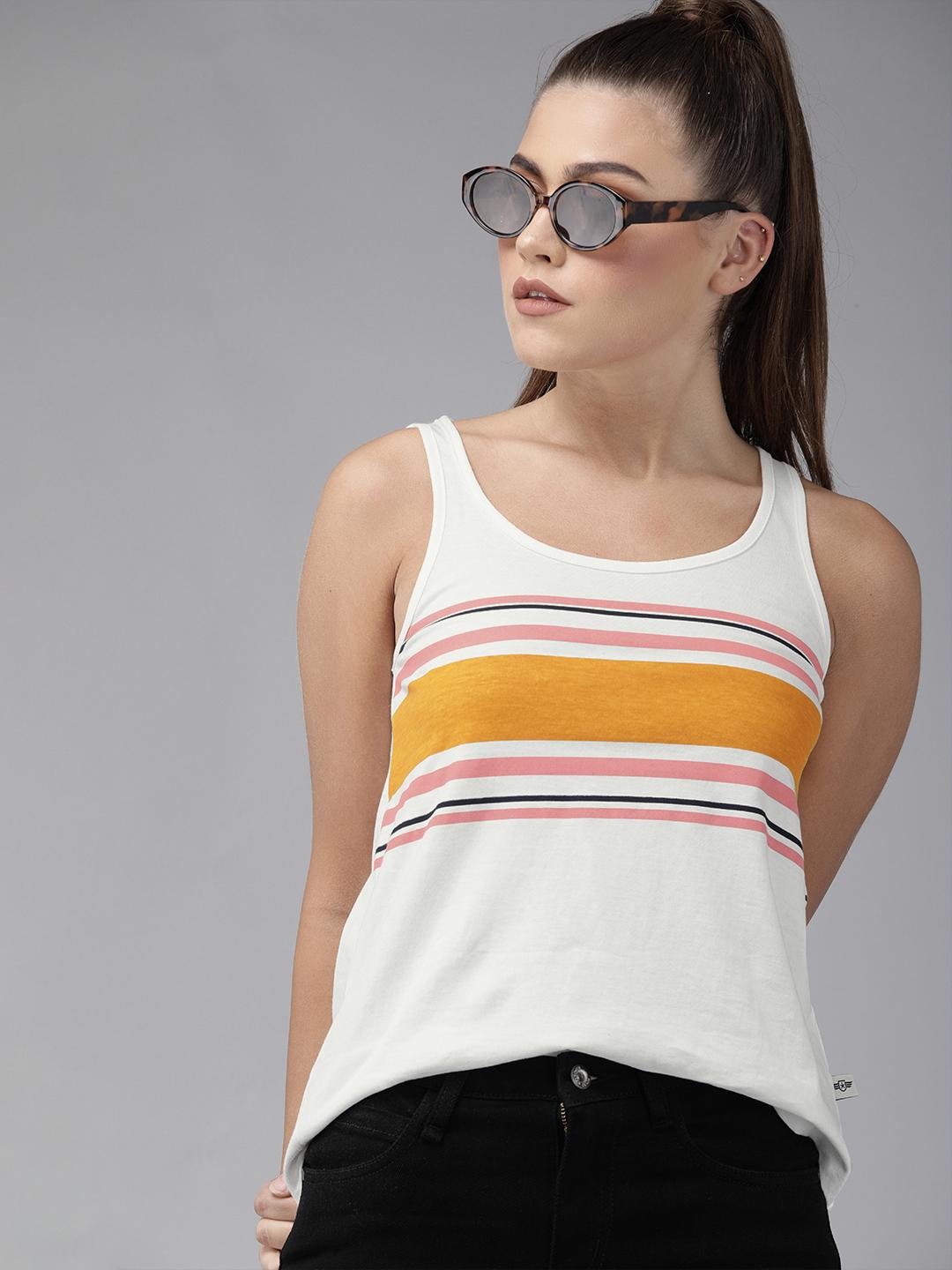 Buy Roadster White Yellow Striped Tank Top - Tops for Women