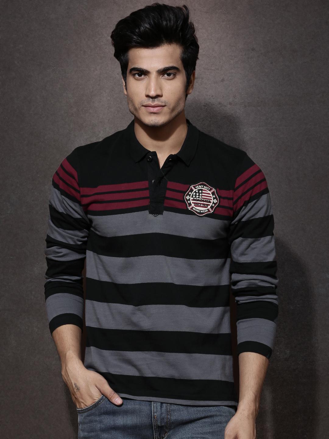 Roadster Men Black & Grey Striped Polo Pure Cotton T-shirt - Image 1
