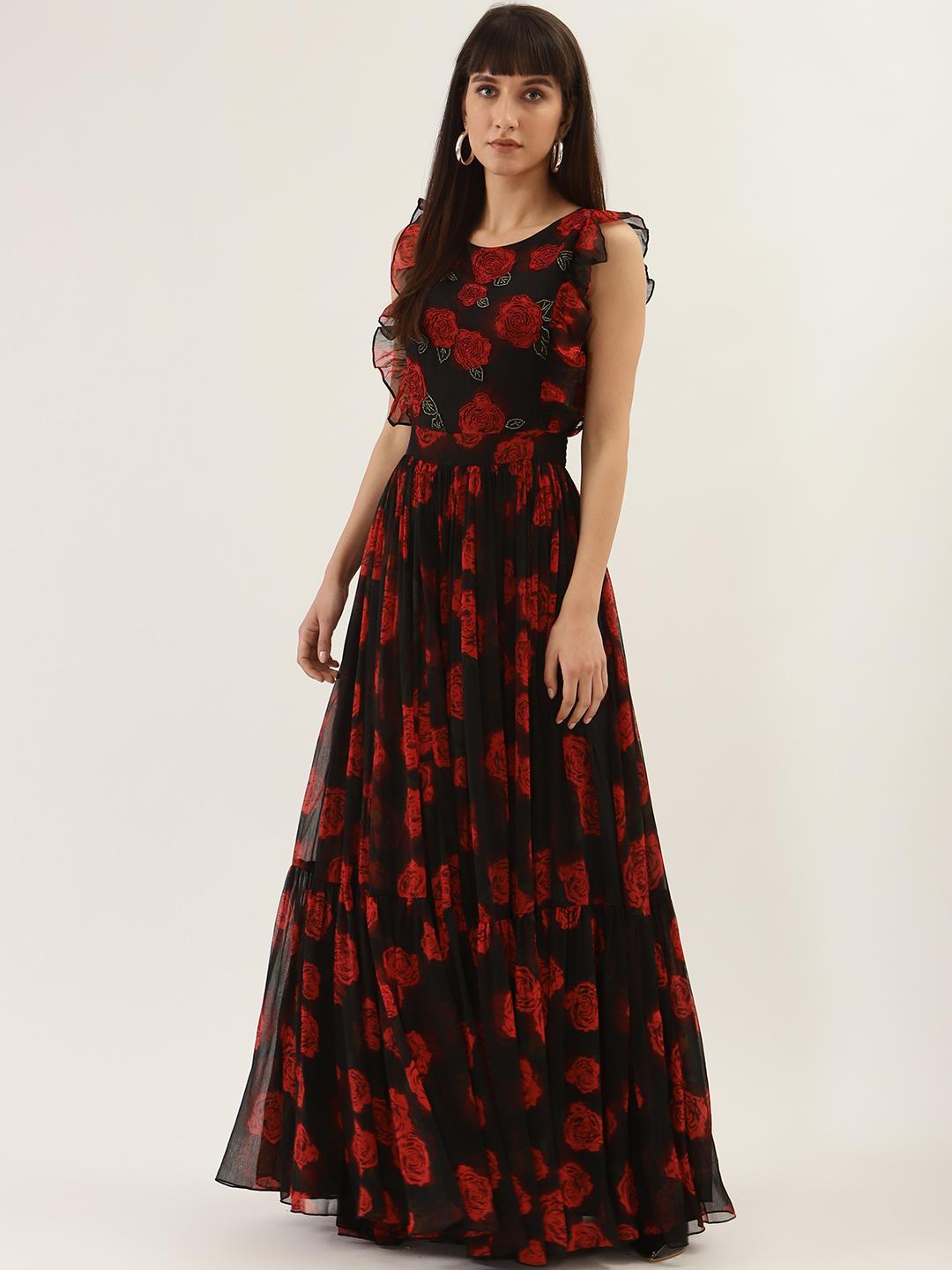 Buy QUIERO Women Black & Red Floral Printed Maxi Dress - Dresses for Women  13435056 | Myntra