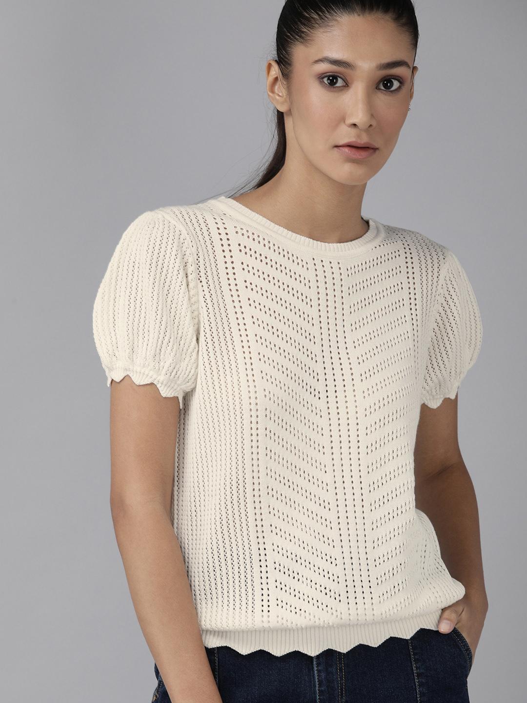 Buy Roadster Women Off White Self Design Crochet Top - Tops for