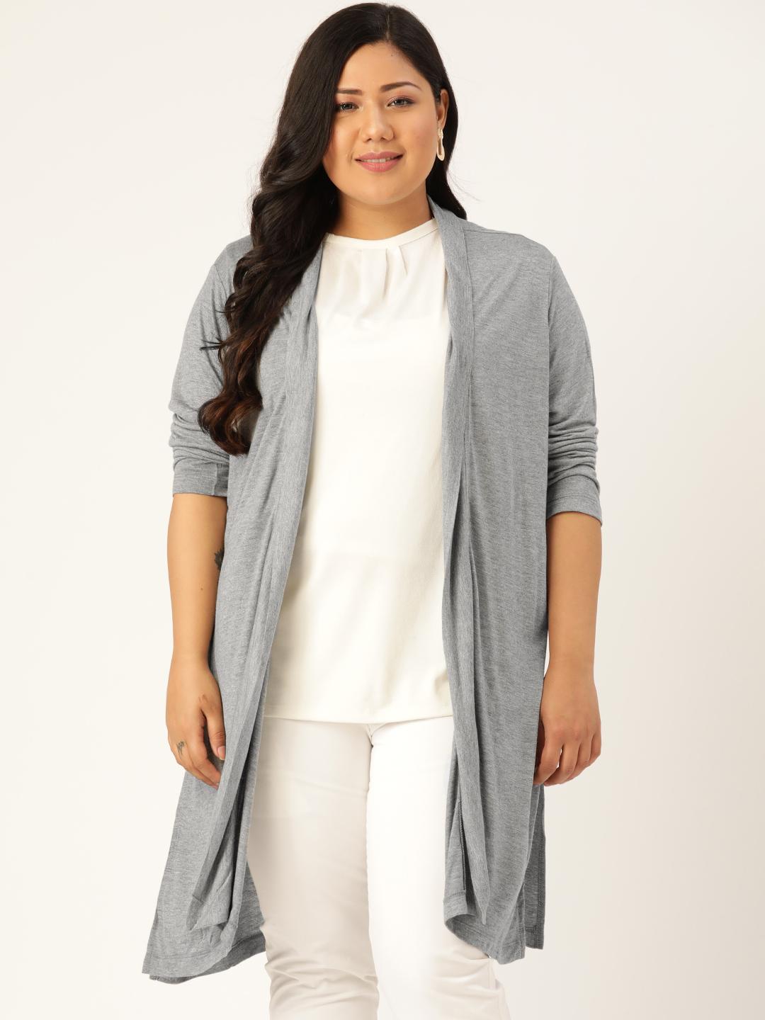 Buy Rute Women Plus Size Grey Melange Cotton Solid Longline Open