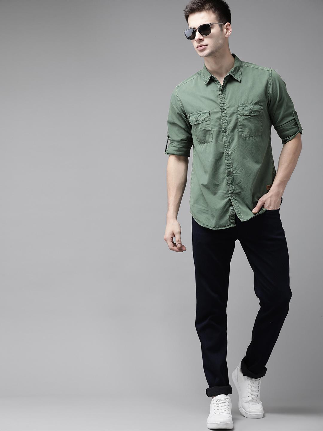 Buy The Roadster Lifestyle Co Men Green Pure Cotton Casual Shirt
