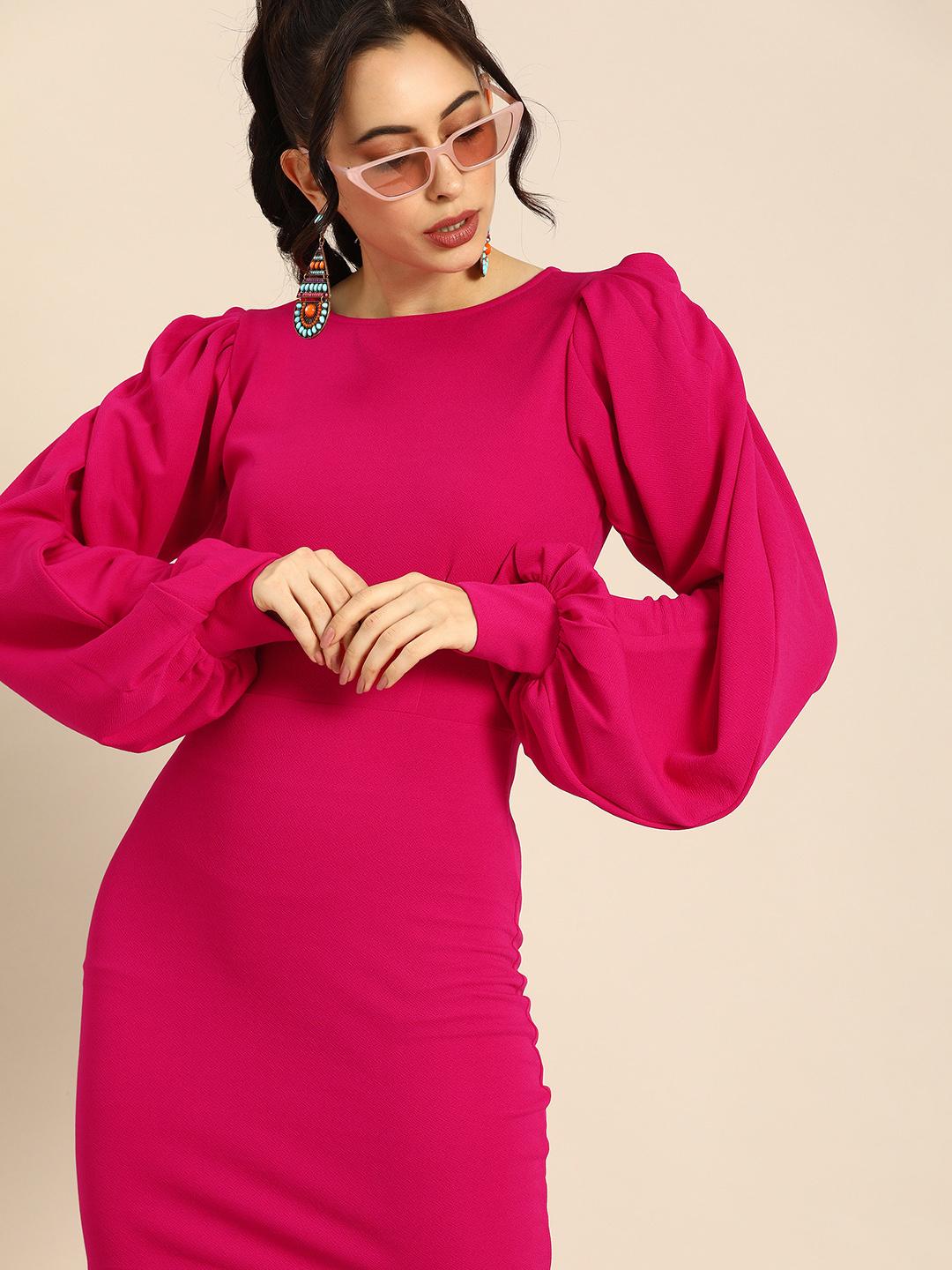 Athena Elegant Fuchsia Pink Balloon Puff Sleeves Bodycon Dress