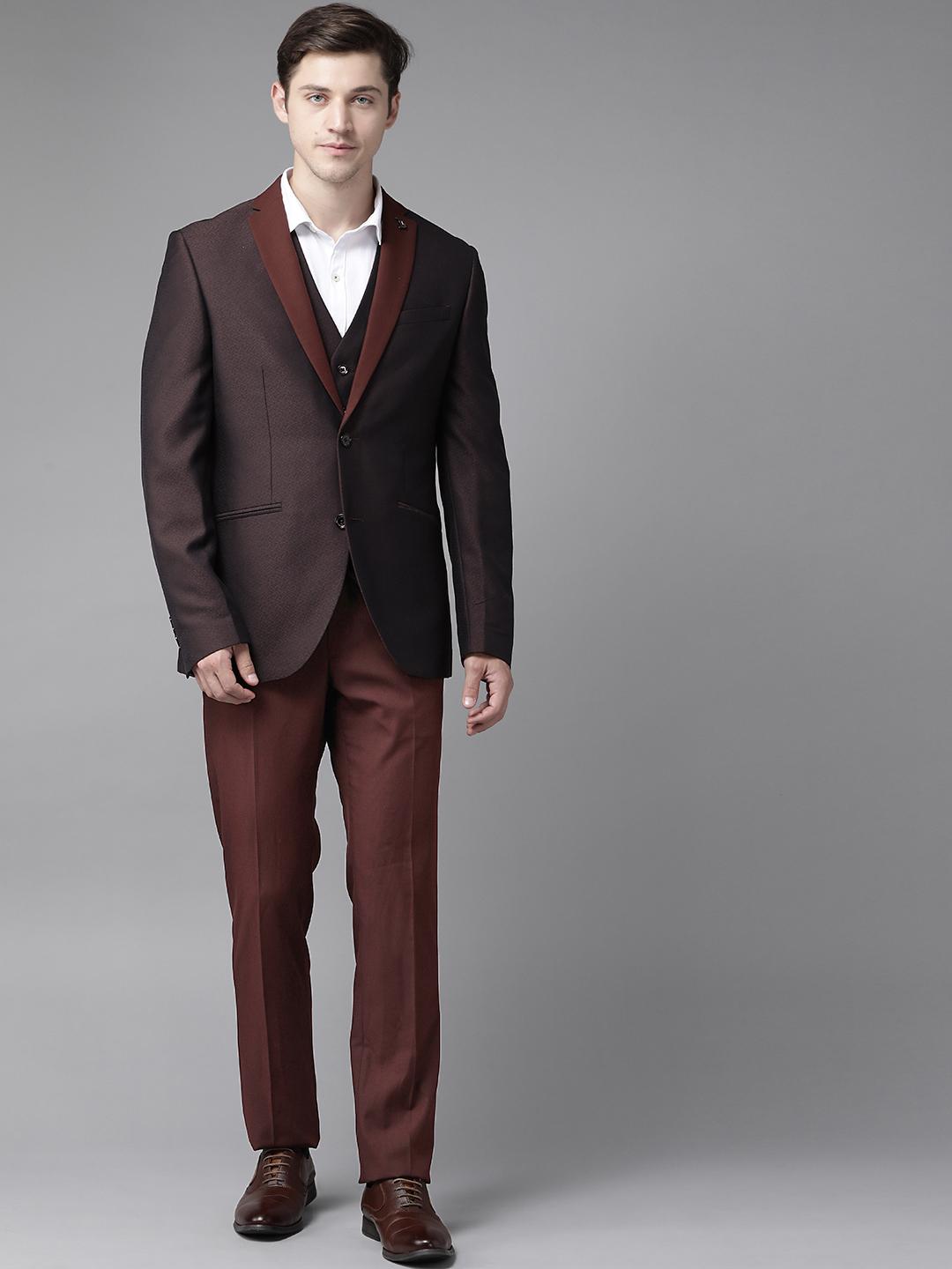 Buy Blackberrys Men Charcoal Grey Burgundy Self-Design Slim Fit
