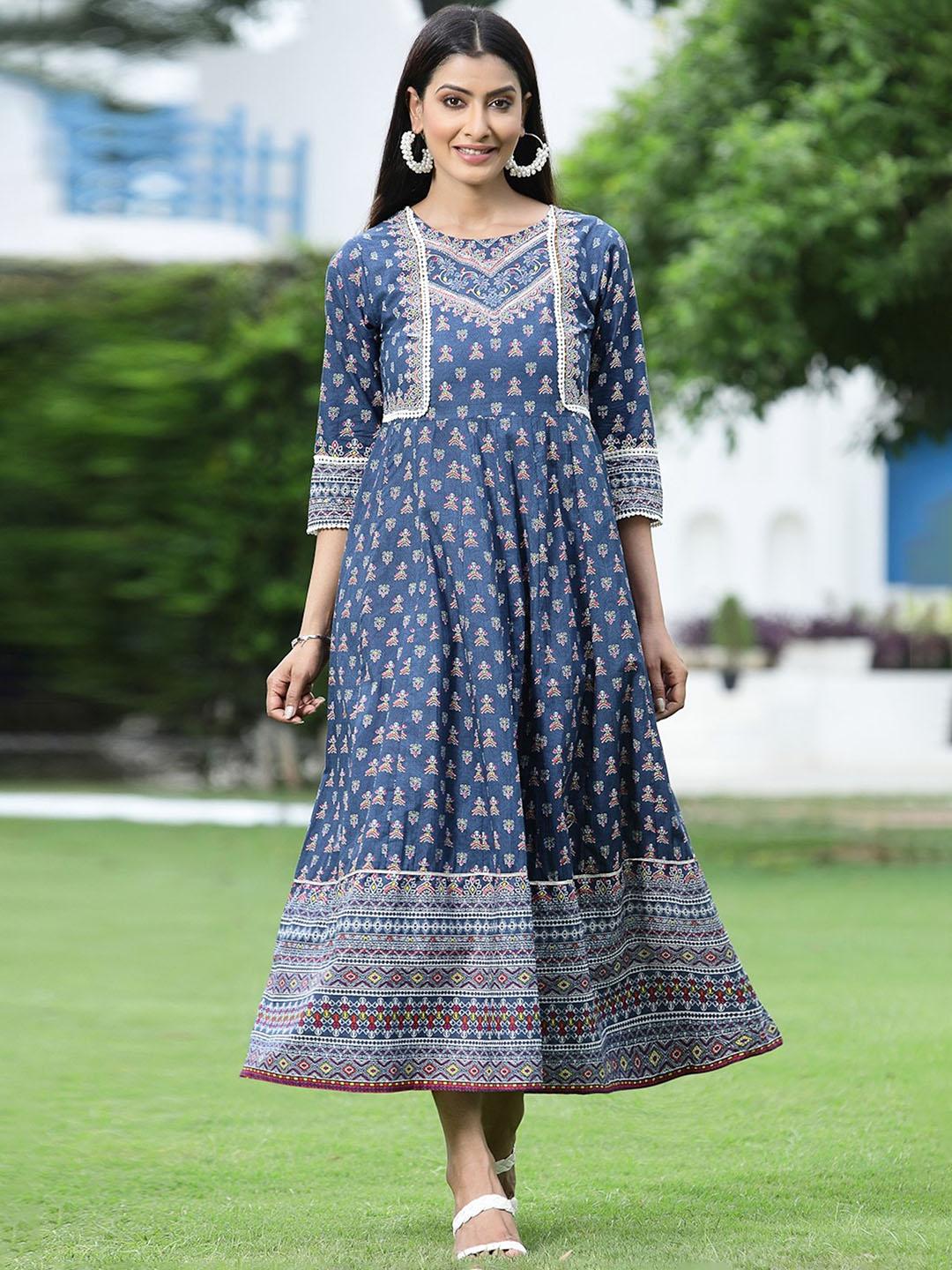Buy Juniper Women Navy Blue Red Cotton Printed Maxi Dress - Ethnic
