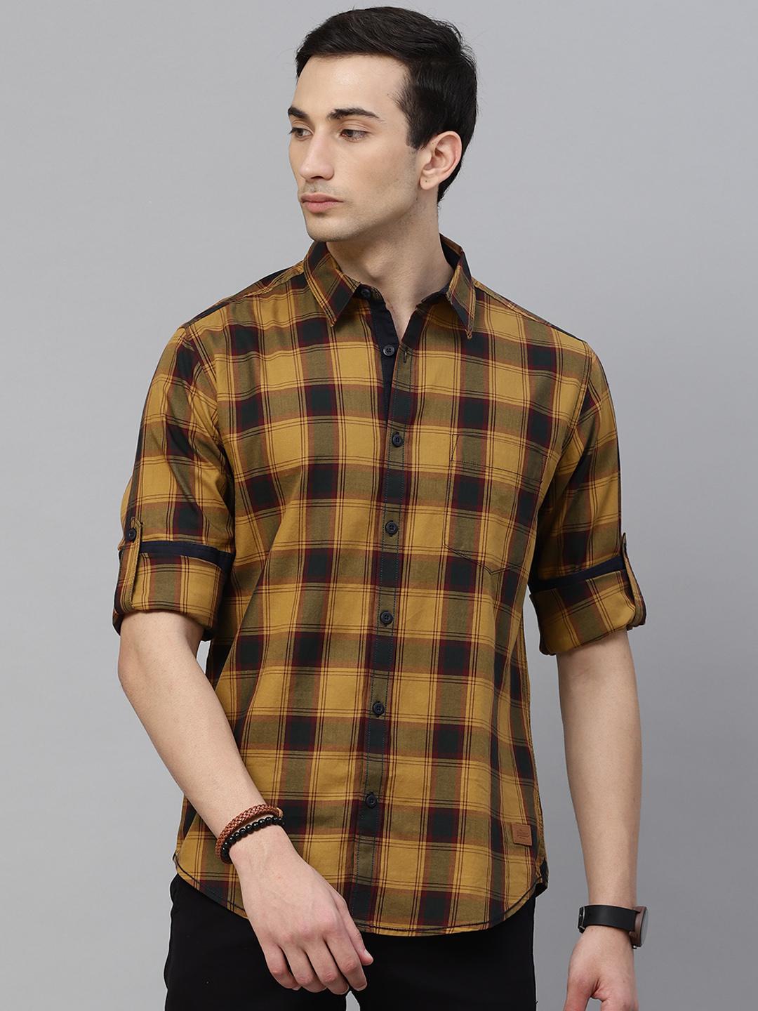 Buy Roadster Men Mustard Yellow & Black Pure Cotton Regular Fit
