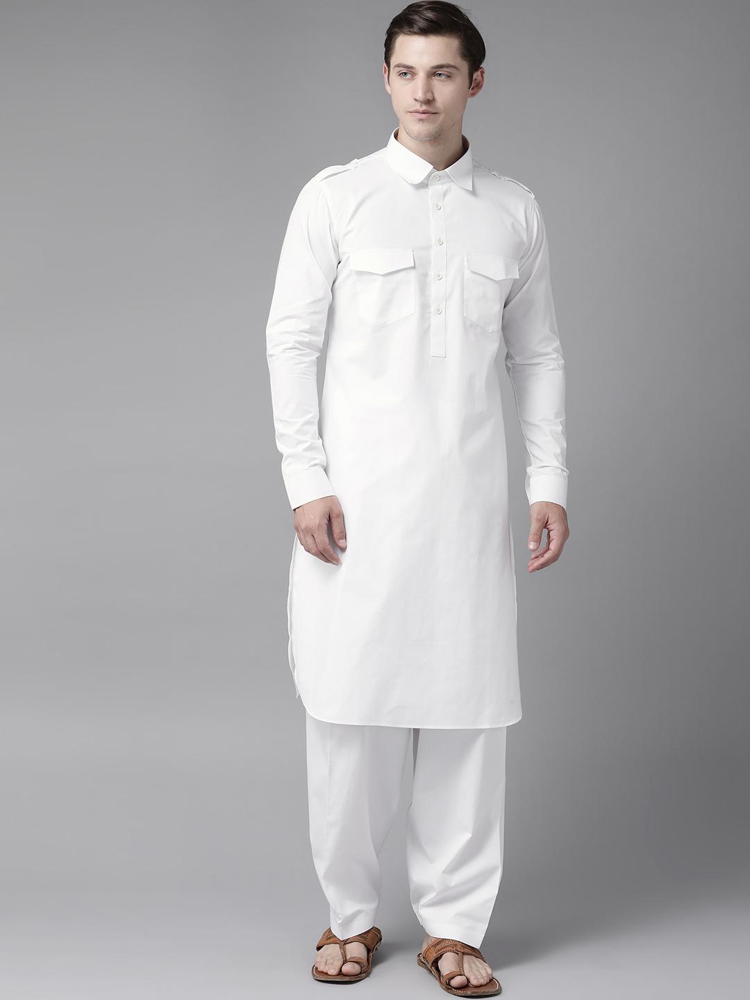 Buy See Designs Men White Pure Cotton Solid Pathani Kurta with