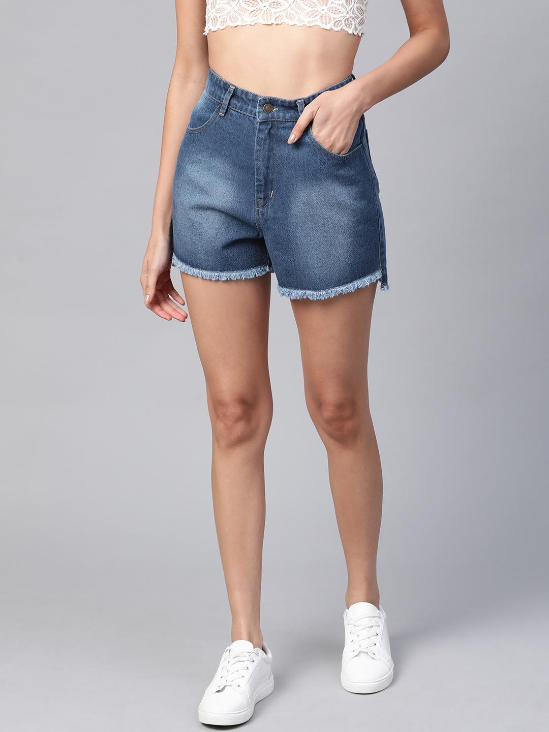 Buy SASSAFRAS Women Blue Washed High-Rise Denim Shorts Shorts