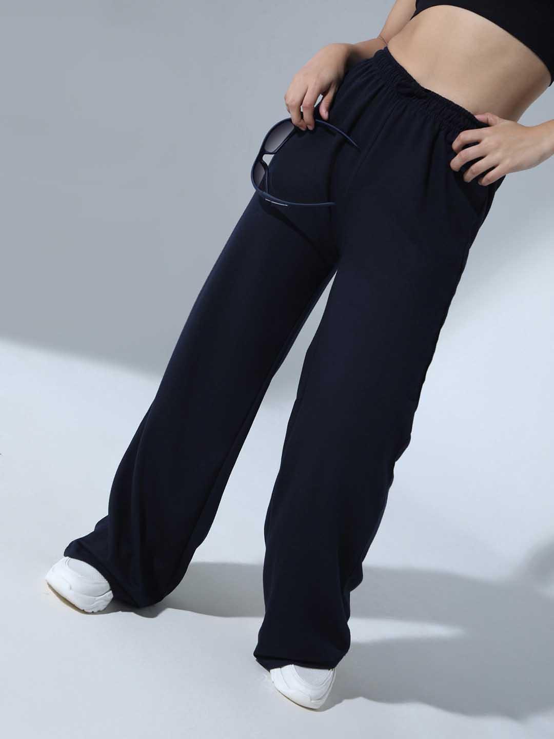 Buy Hubberholme Women Navy Blue Solid Knitted Track Pants - Track