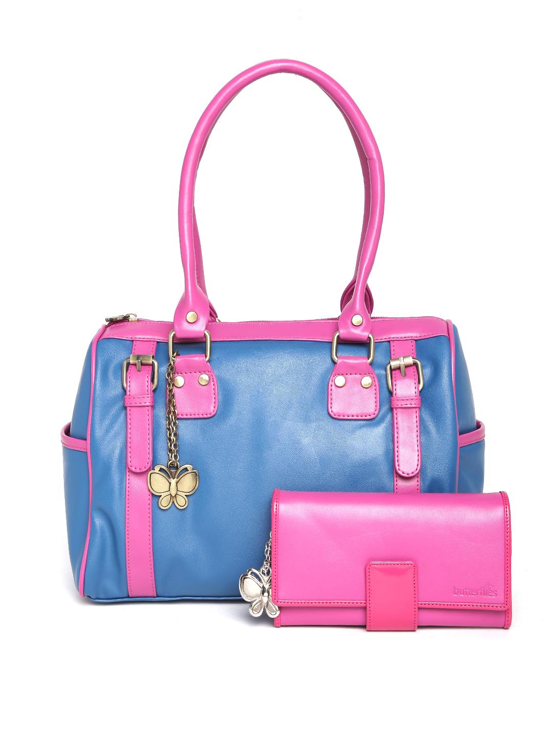 Buy Butterflies Blue Pink Handbag with Wallet Handbags for - Main Image