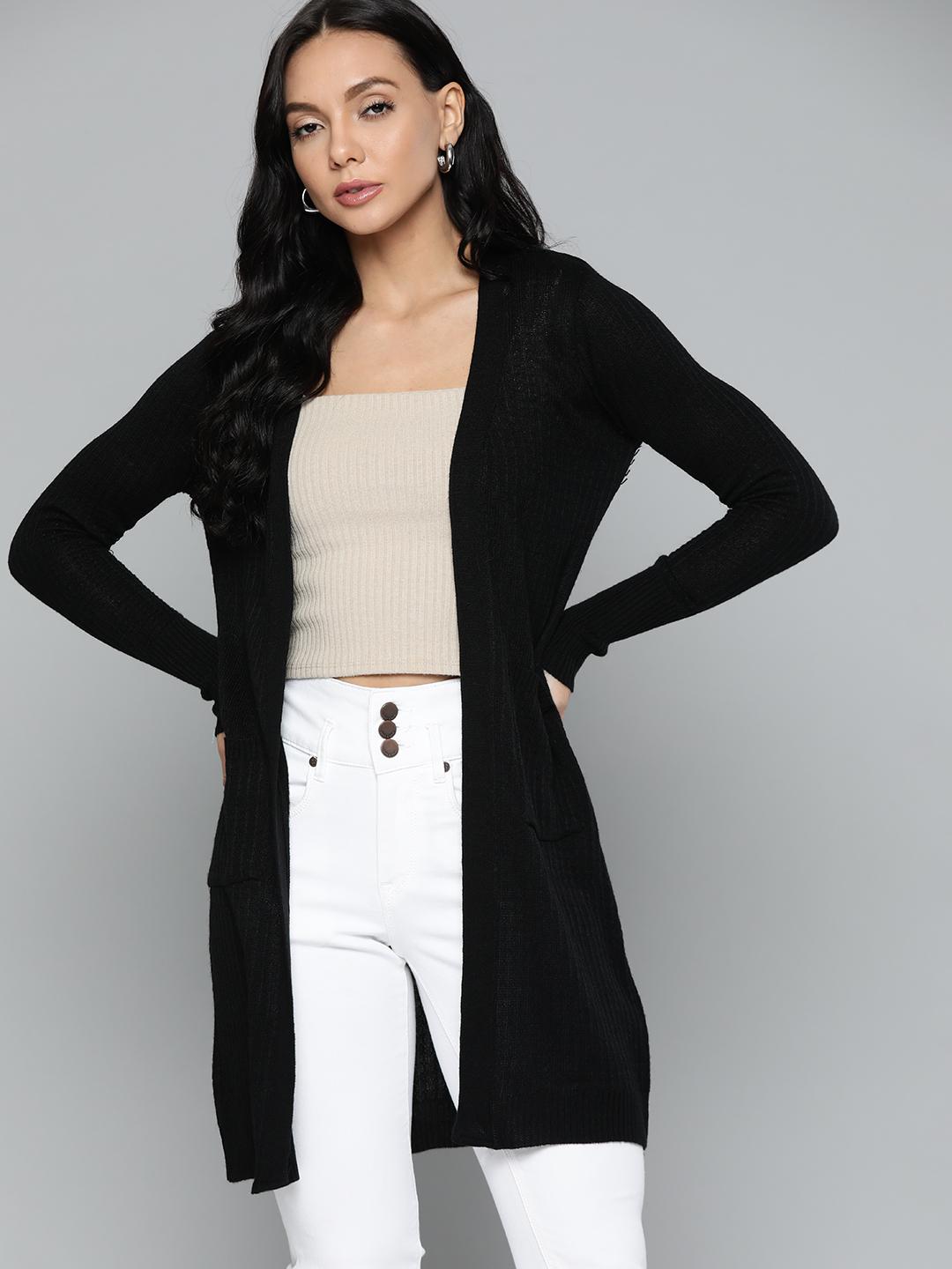 Cielo Women's Long Open Front Knit Cardigan – Solid Black, Side Pockets, Ribbed Trim, Medium Weight