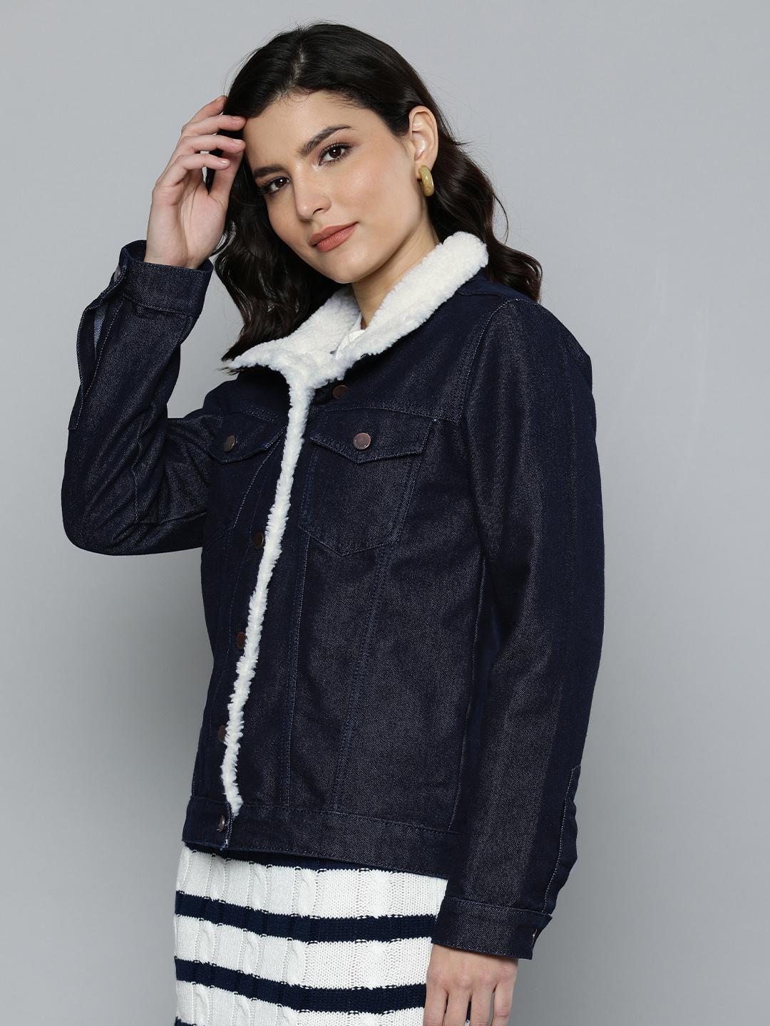 Buy HERE&NOW Women Navy Blue Denim Jacket with Sherpa Detail