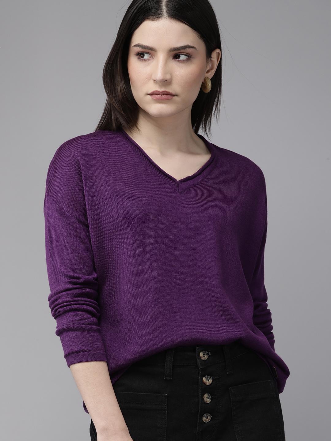 Buy Roadster Women Self Designed Purple Pullover Sweater