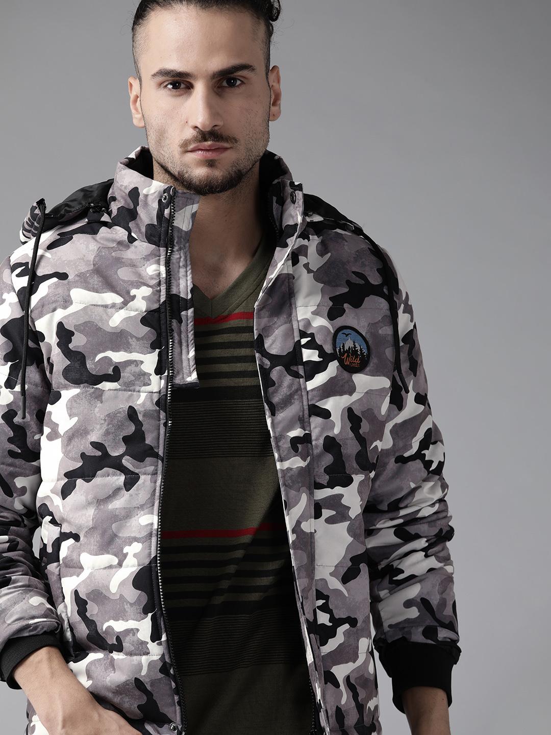 Roadster Men Grey Black Camouflage Bomber Jacket
