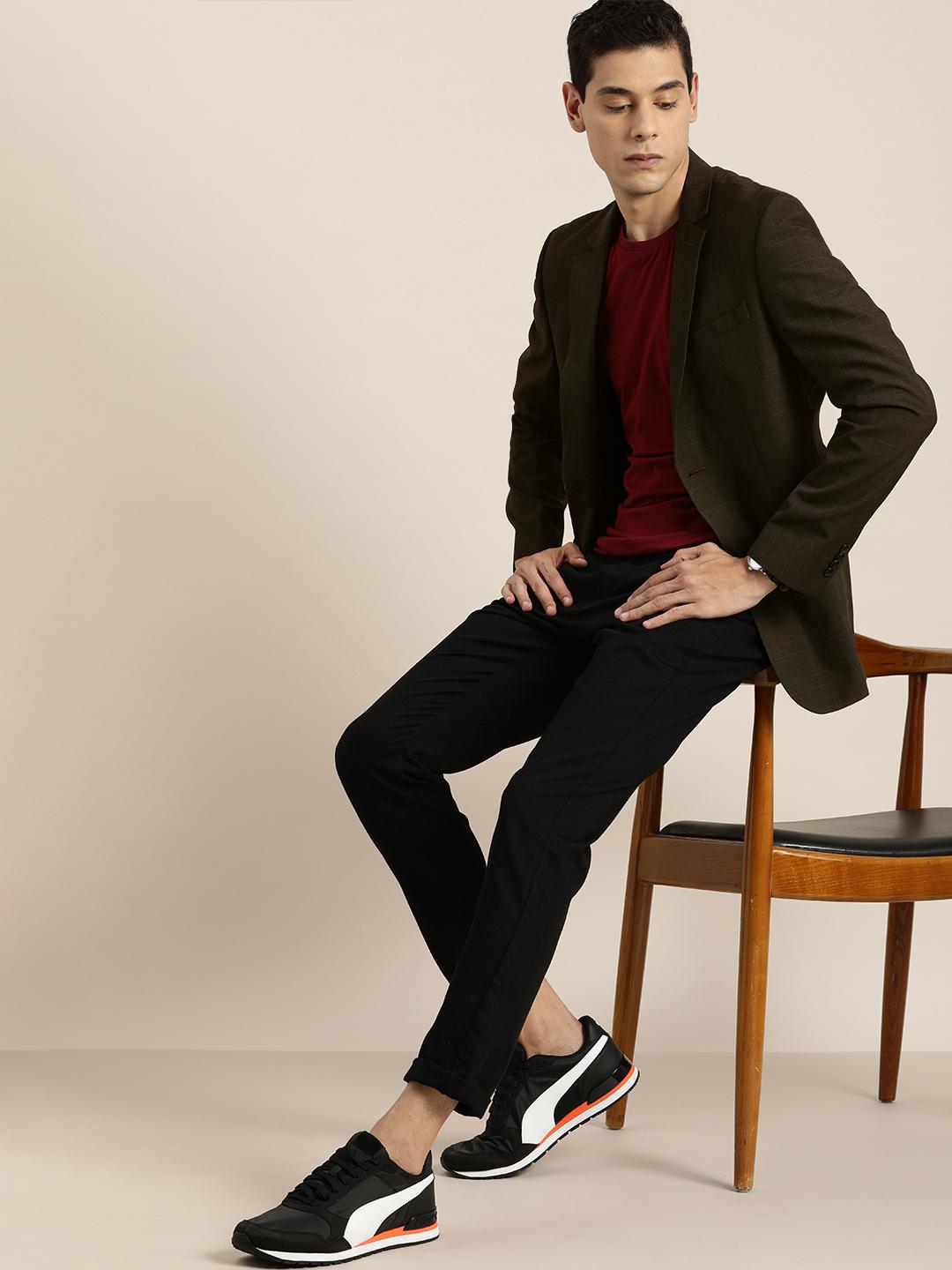 Buy INVICTUS Men Coffee Brown Slim Checked Single-Breasted Formal