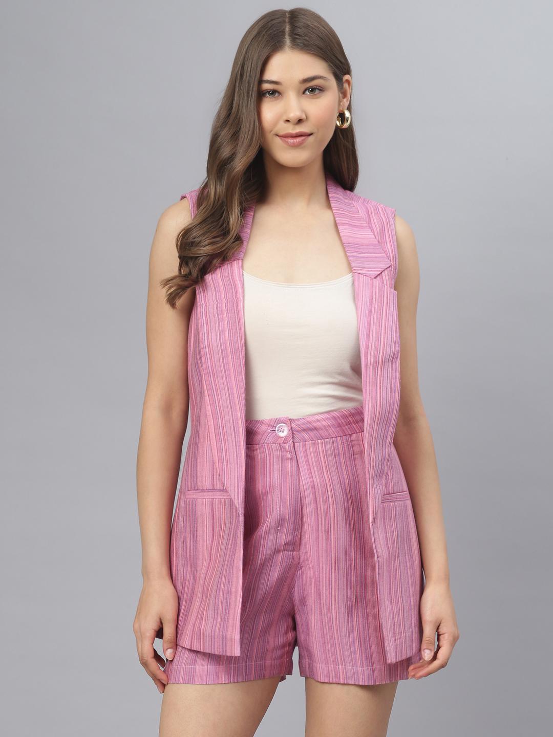 Buy Vibes by Deebaco Women Pink & Blue Striped Coat with Shorts