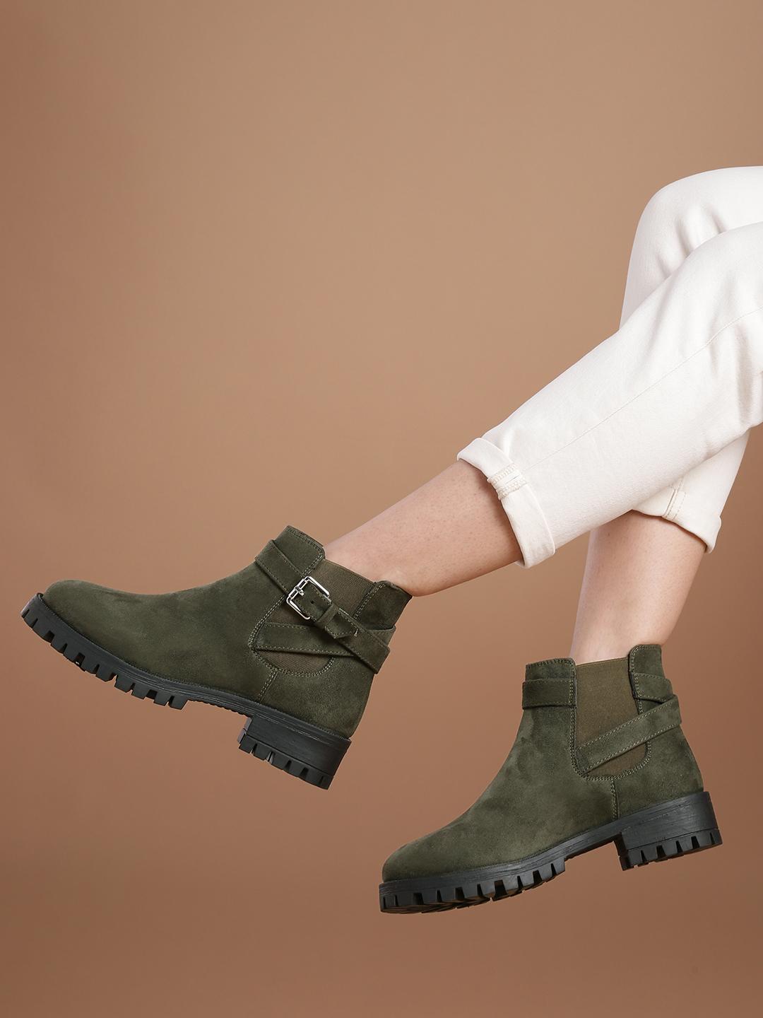 Buy Roadster Women Olive Green Solid Mid-Top Flat Boots Boots