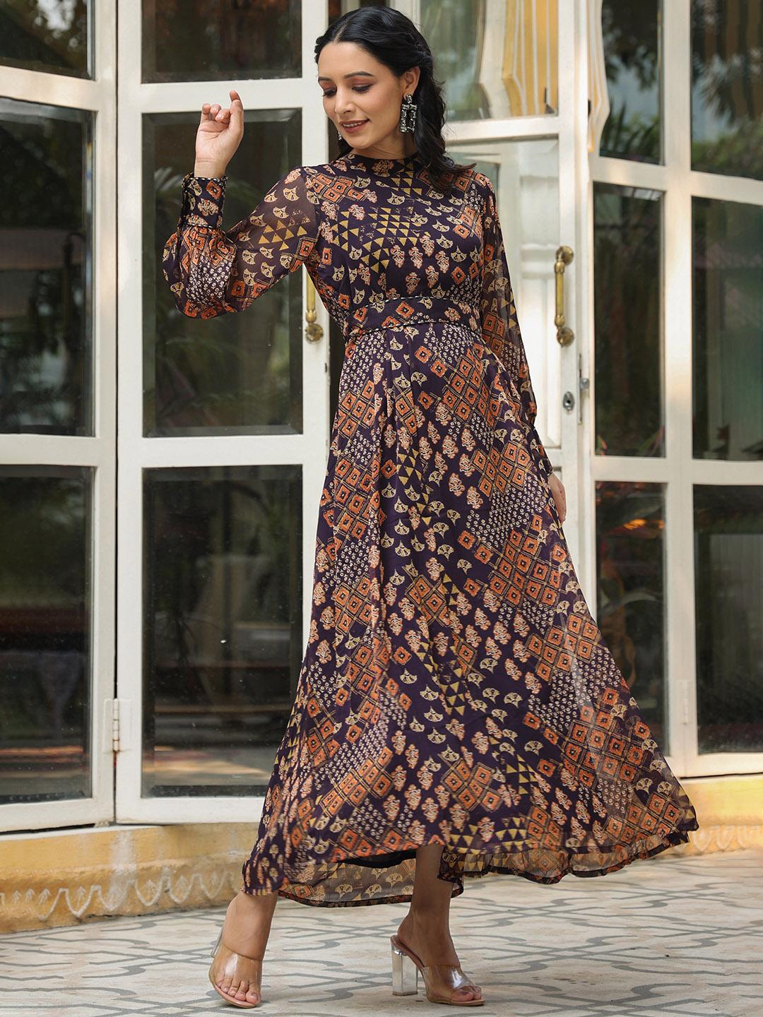 Buy Juniper Black Ethnic Motifs Printed Chiffon Maxi Dress