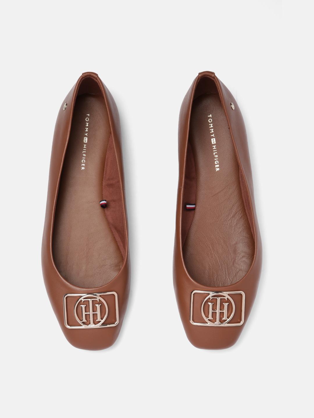 Buy Tommy Hilfiger Women Brown Leather Square Toe Ballerina Flats