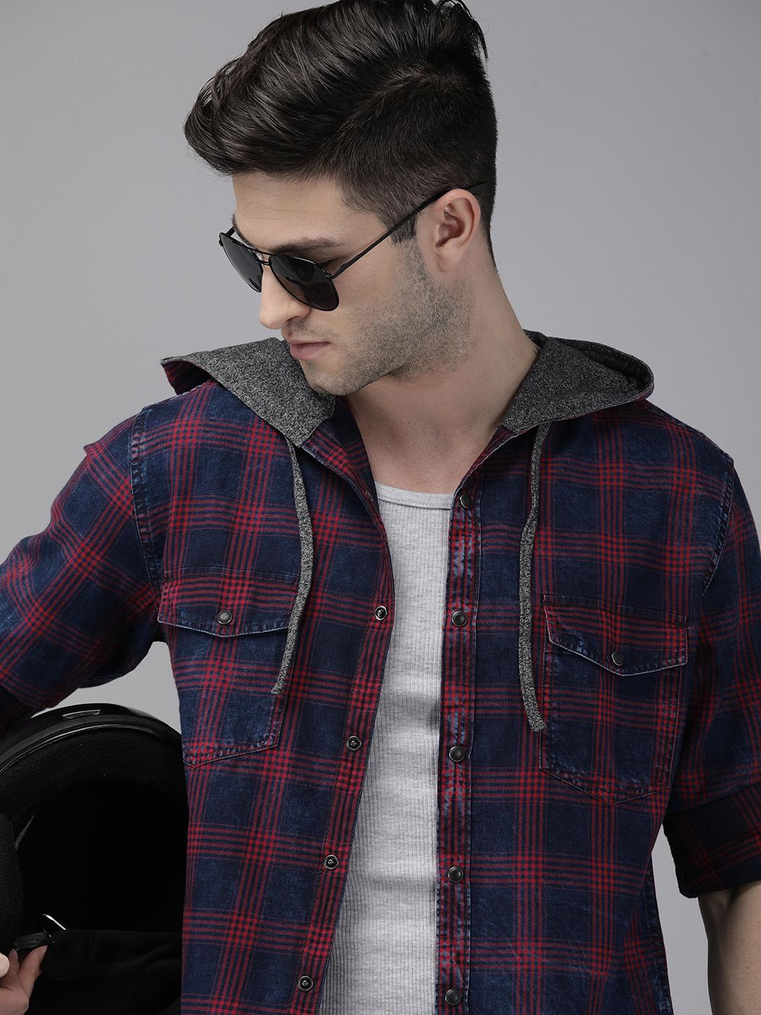 Roadster Men Navy Blue Checked Hooded Shirt - Image 1