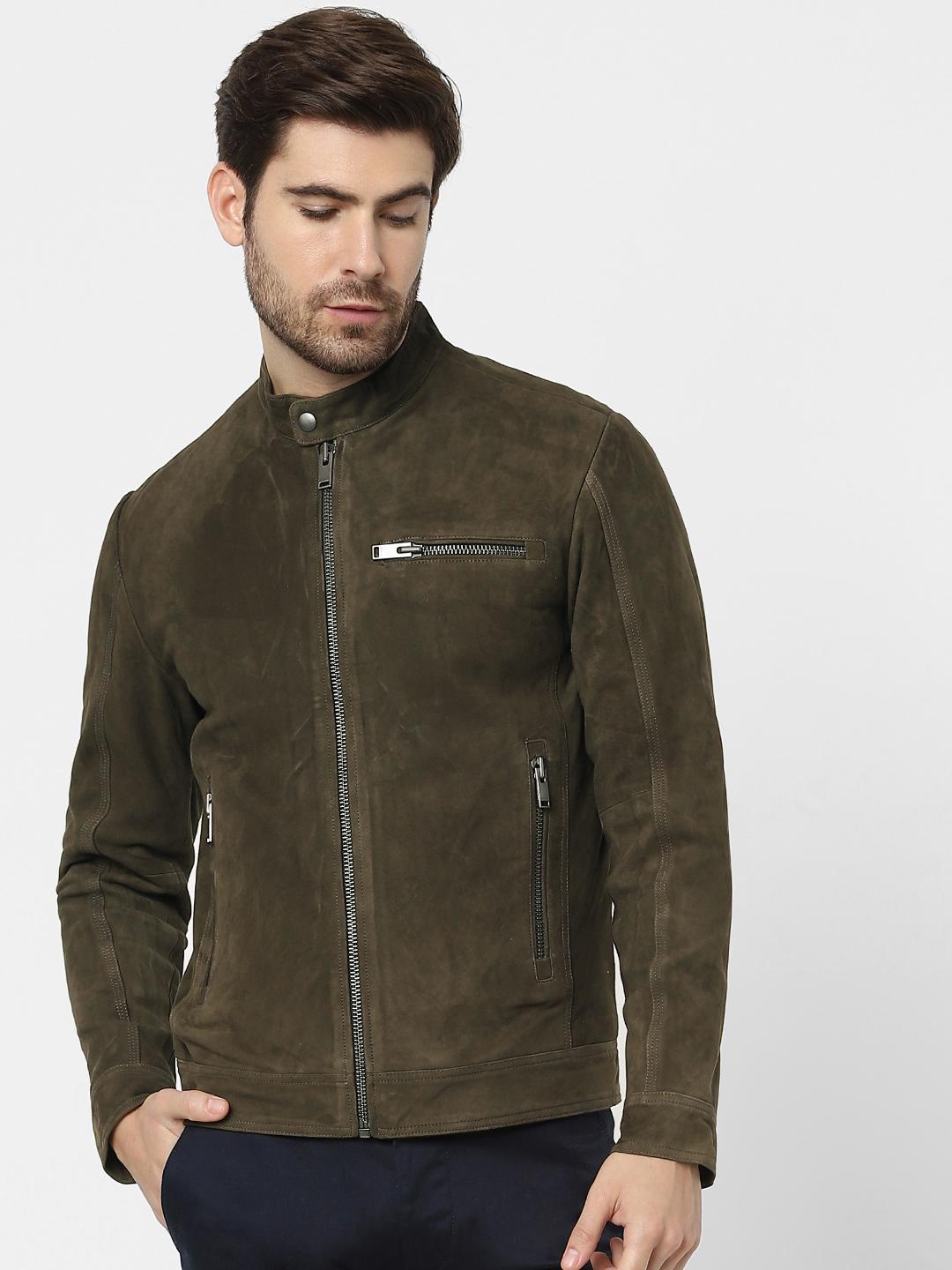 Buy SELECTED Men Olive Green Solid Suede Biker Jacket - Jackets