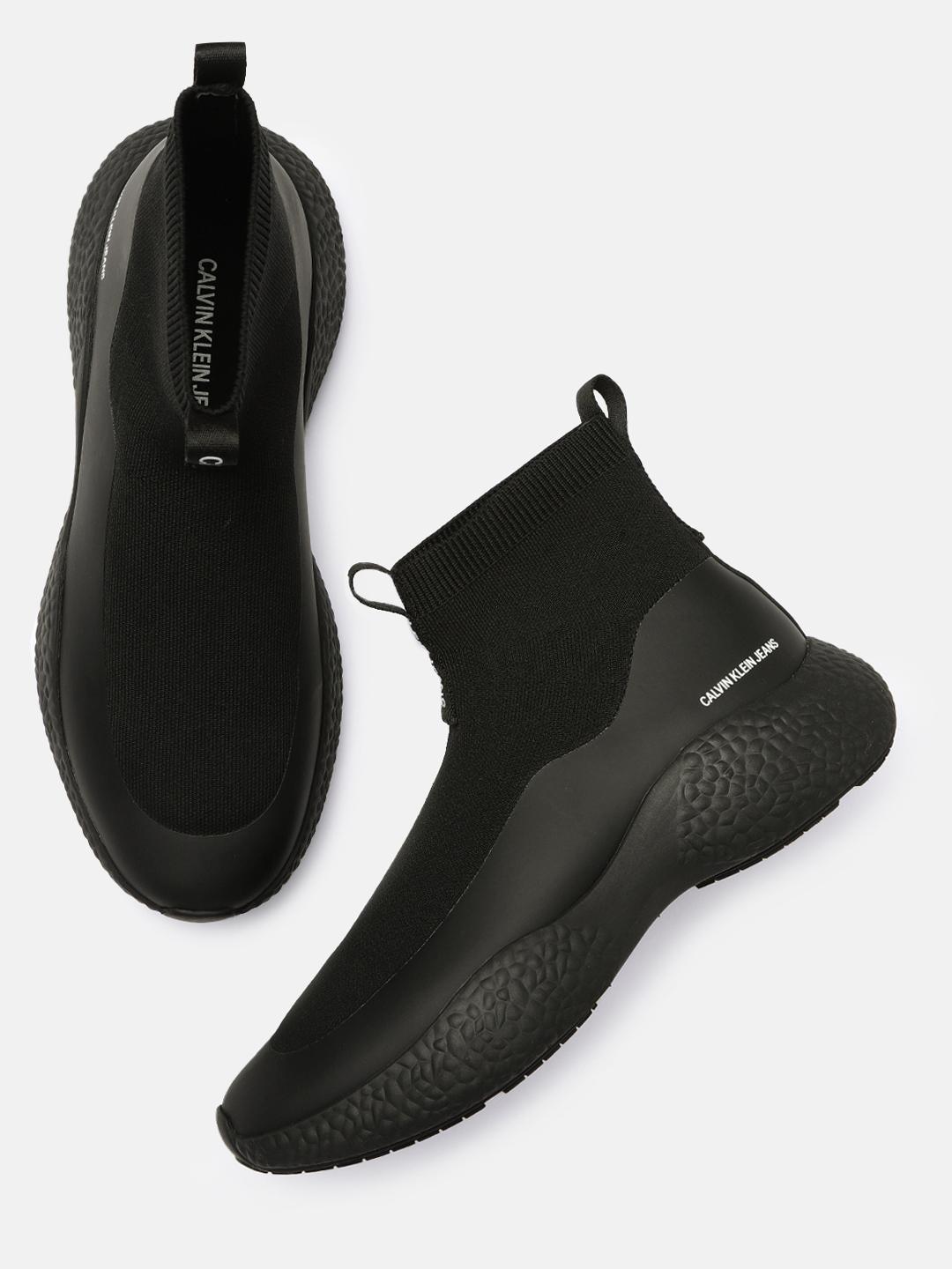 Buy Calvin Klein Men Black Solid Mid-Top Runner Sock Knit Sneakers