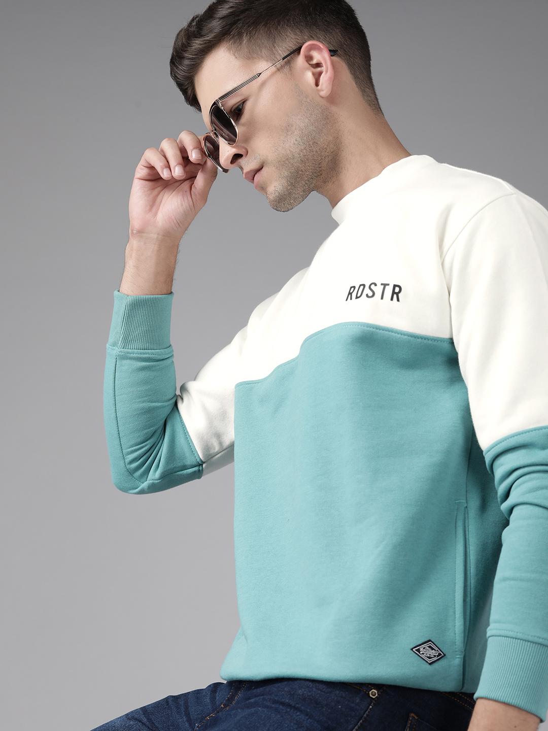 Buy Roadster Men White & Sea Green Colourblocked Sweatshirt