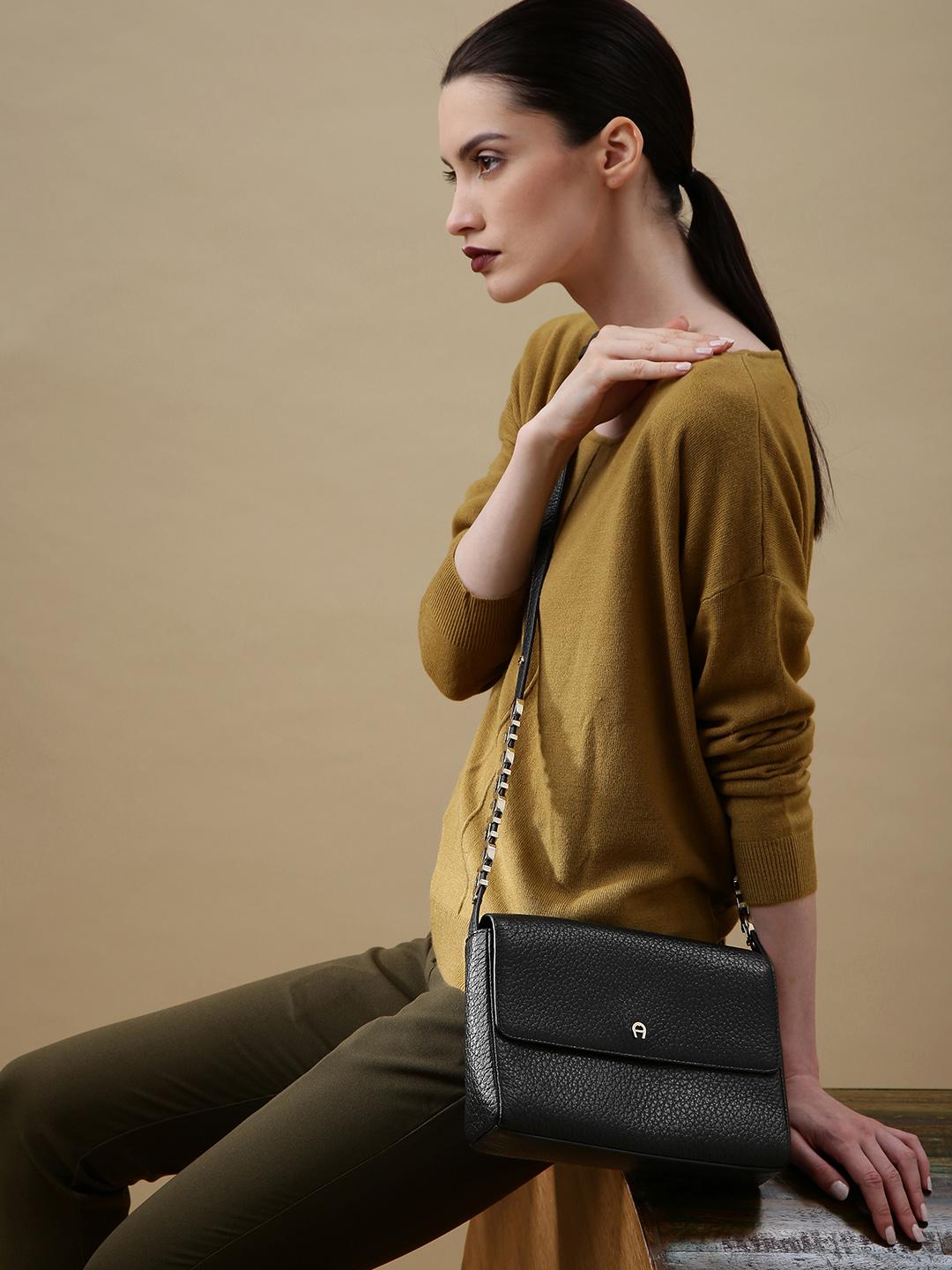 Buy AIGNER Black Abby Neat Leather Sling Bag Handbags for Women