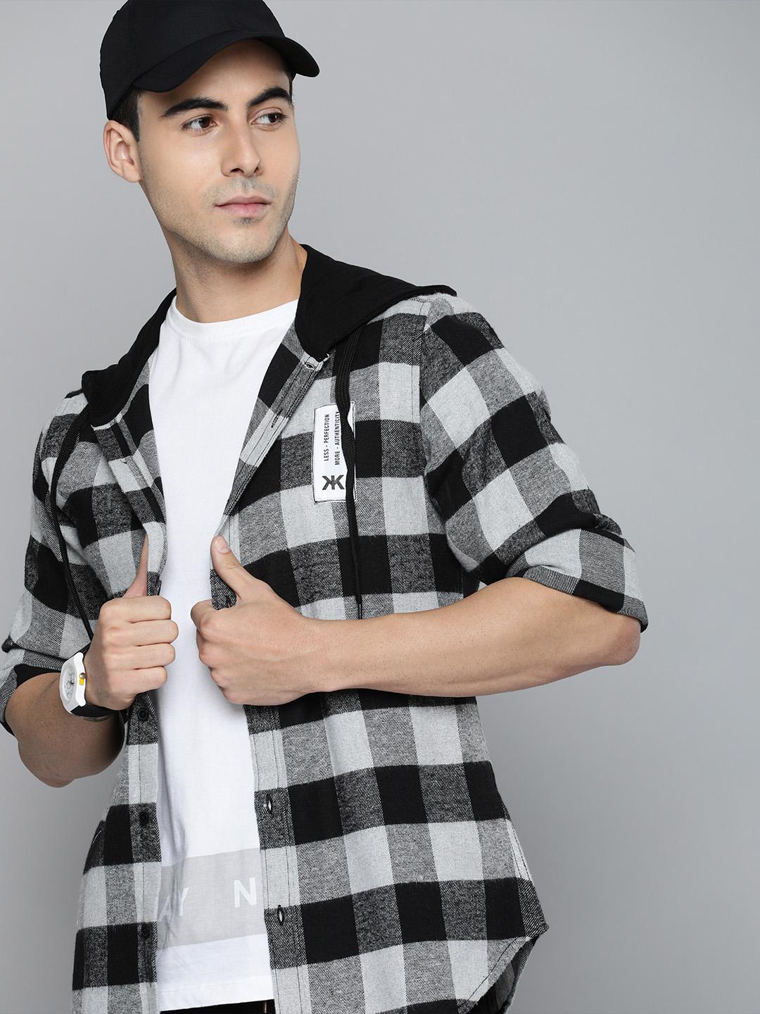 Buy Kook N Keech Men Black & White Checked Oversized Cotton Hooded