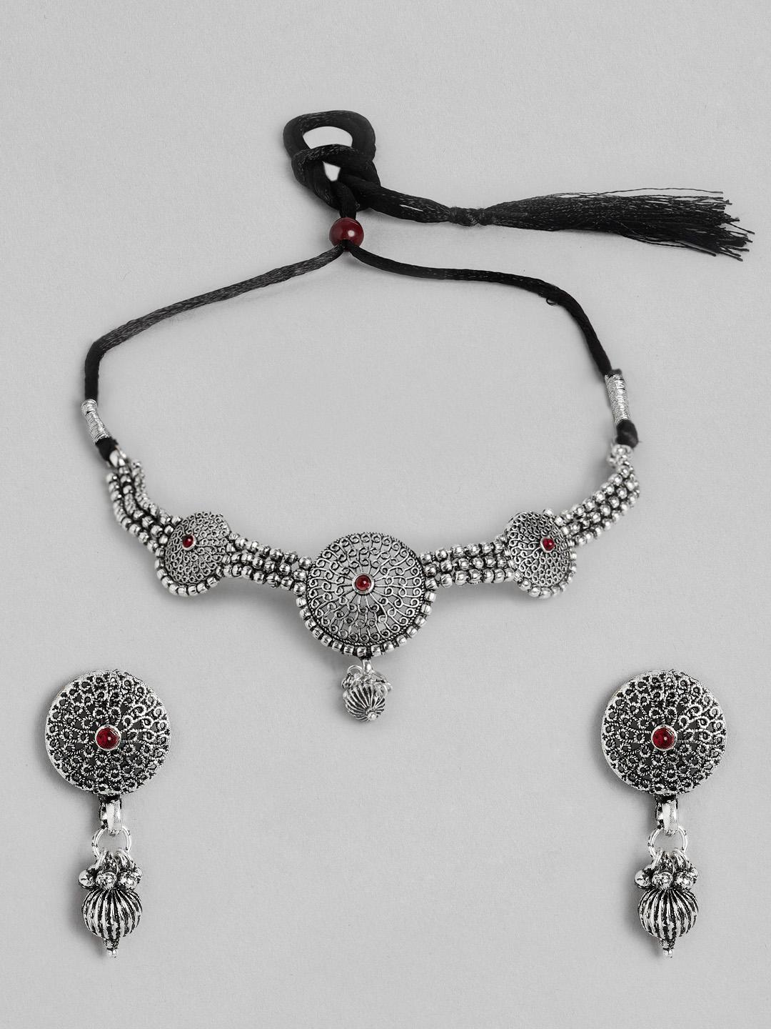 Buy Kord Store Women Black & Silver-Toned Oxidised Stone ...