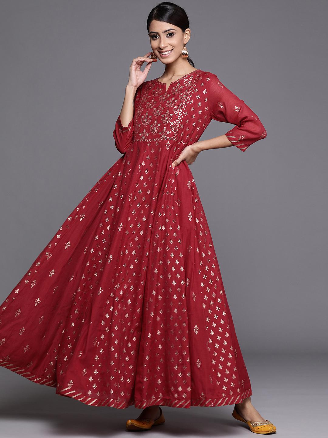 Buy Biba Maroon Golden Ethnic Motifs Printed Maxi Dress Ethnic