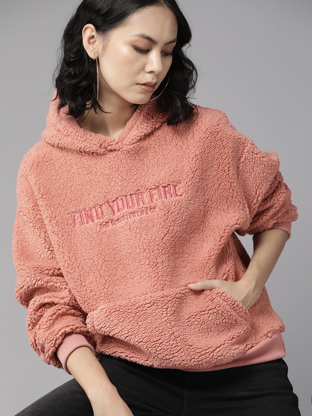 Buy Roadster Women Pink Sherpa Hooded Sweatshirt Sweatshirts for